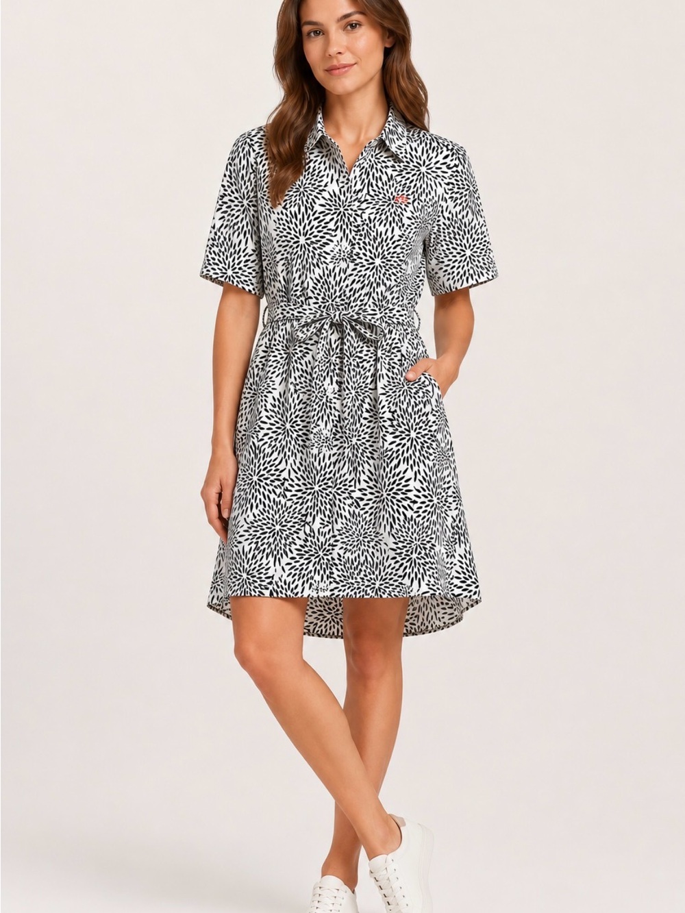 Short Sleeve Button-Front Shirt Dress in Black & White Print
